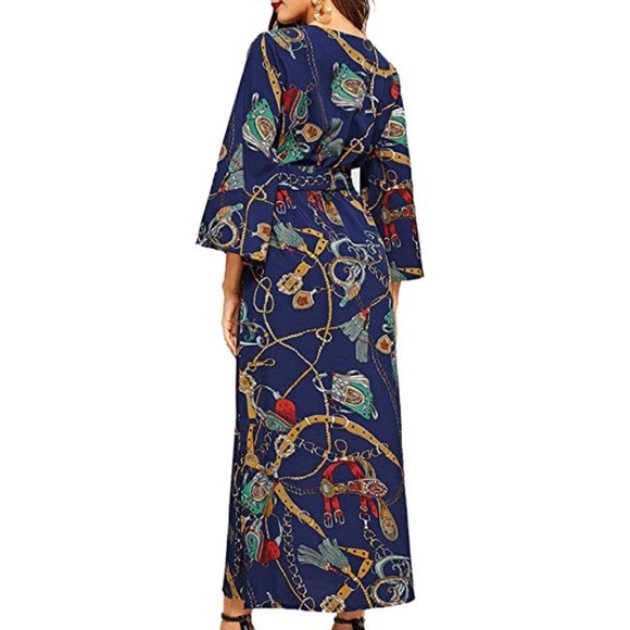 NWT Navy Bold Print Maxi Wrap Dress - Picture 2 of 4